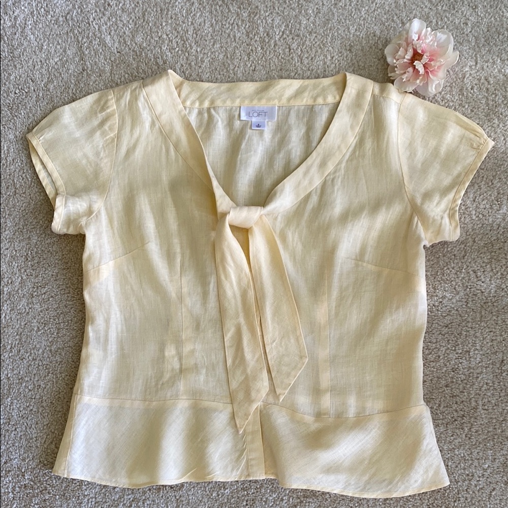LOFT Yellow Cap Sleeve Tie Front Peplum Blouse, 8